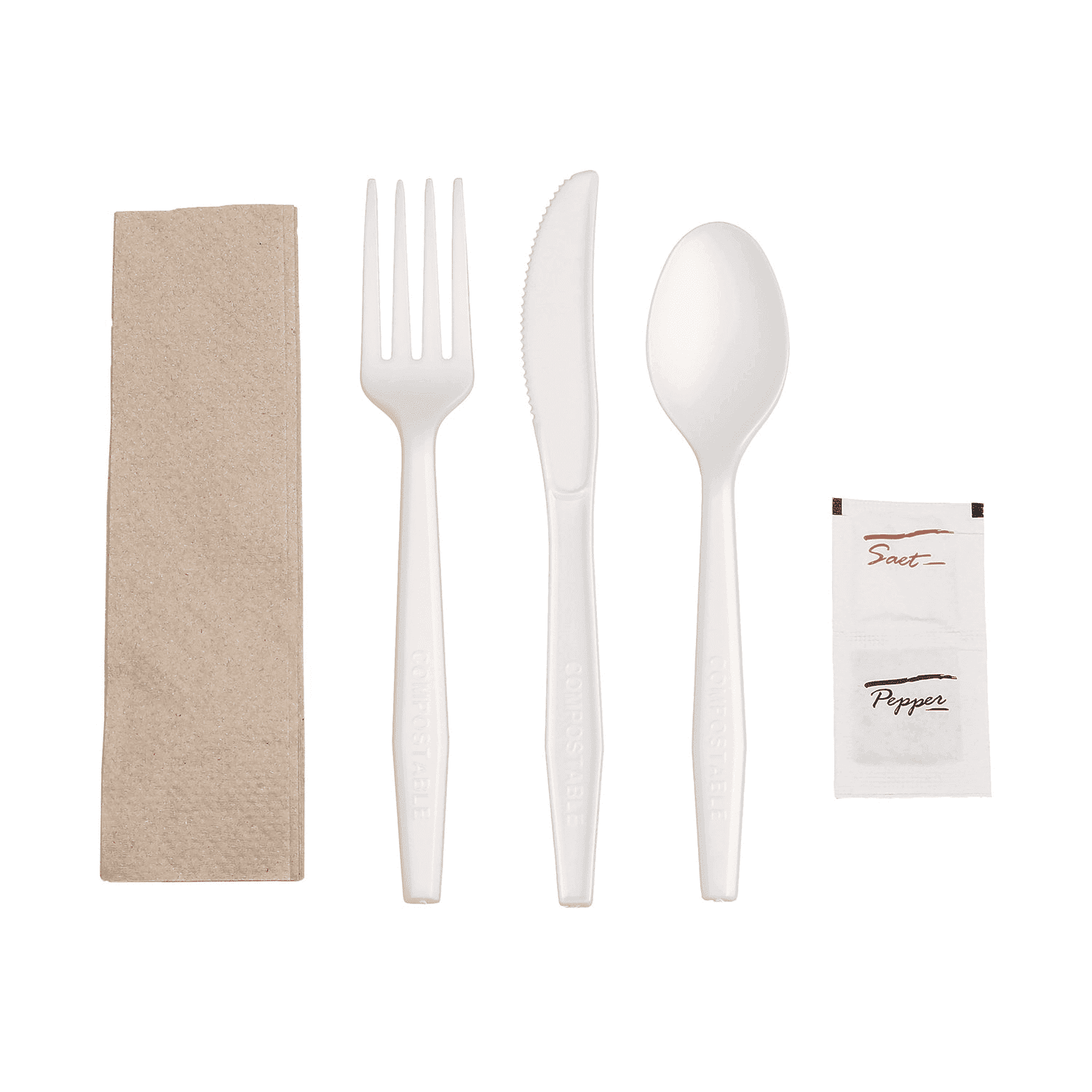 6" Compostable Cutlery Kit - Fork, Knife, Spoon, Napkin, S/P