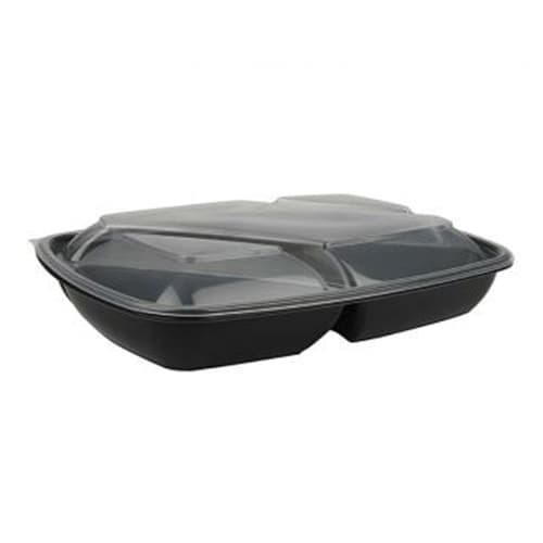 35 oz PP Rectangle Container with Dome Lid, 3-Compartment - Image 2
