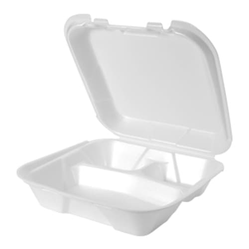 Genpak SN203 Vented 9" x 9" x 3" White Foam 3-Compartment Square Take Out Container with Hinged Lid