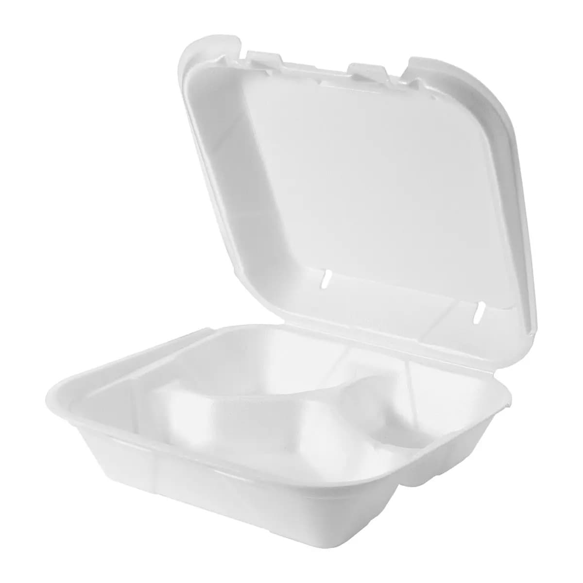 Genpak SN243V-WHT 8 1/4" x 8" x 3" White Medium 3-Comp Vented Foam Snap-It Hinged Lid Container