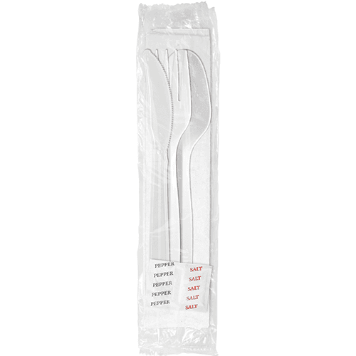 Berkley Square White Medium Weight Wrapped Plastic Cutlery Pack with Napkin & Salt / Pepper Packets
