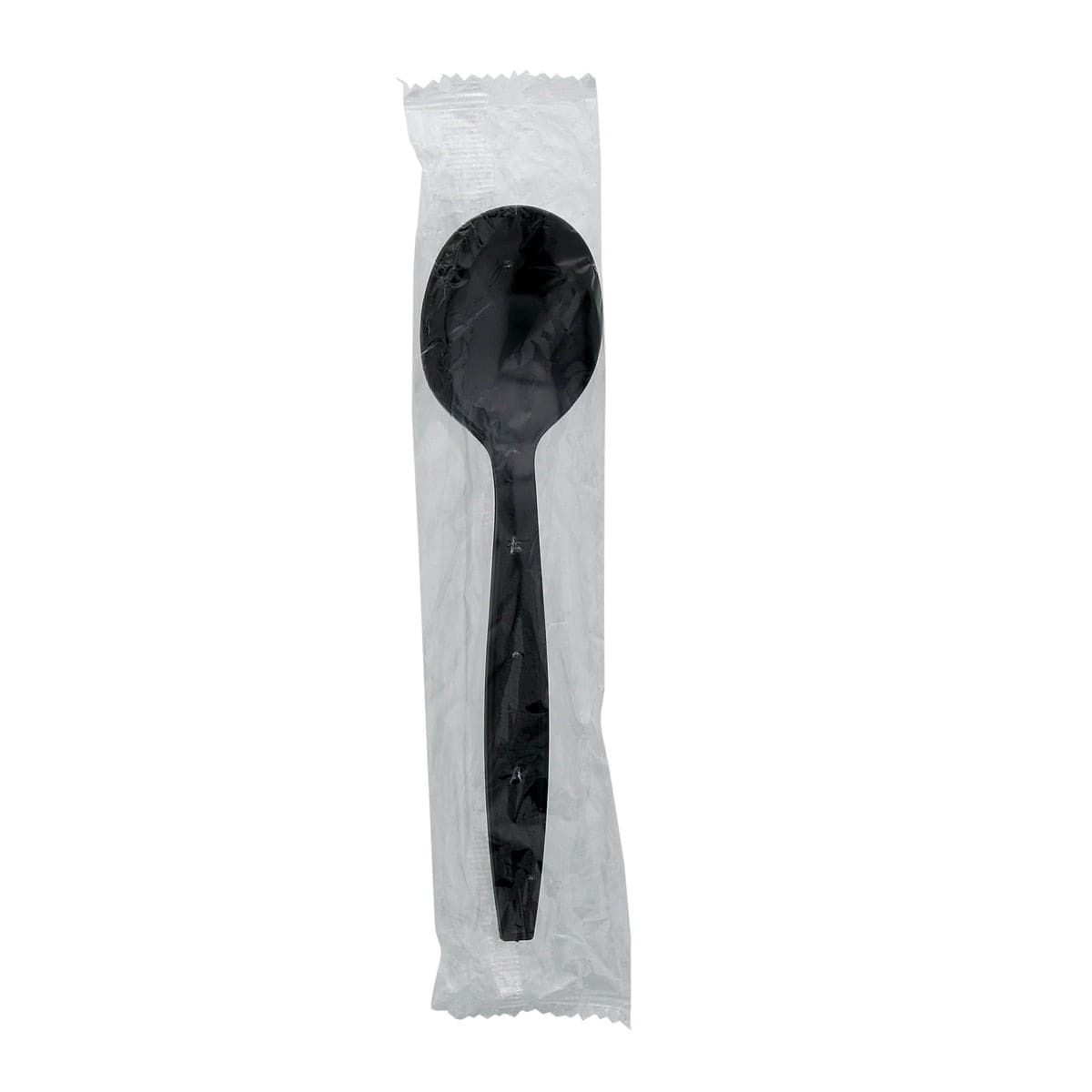 AmerCare Individually Wrapped Black Heavy Weight Plastic Soup Spoon - Image 2
