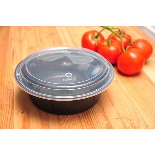 32 oz. Black 7 1/2" Round Microwavable Heavy Weight Container with Lid - Image 3