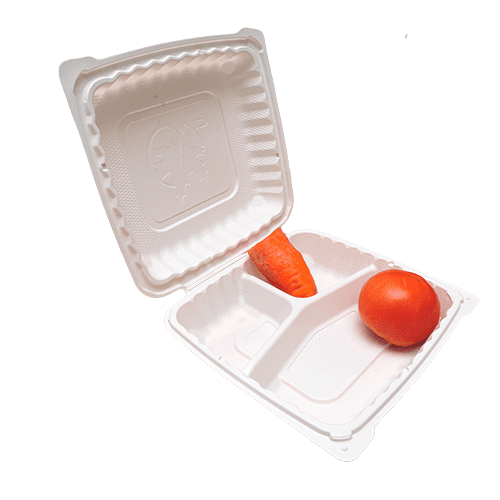 KPS 9" x 9" x 3" Microwavable MFPP White 3-Compartment Hinged Container - Image 2