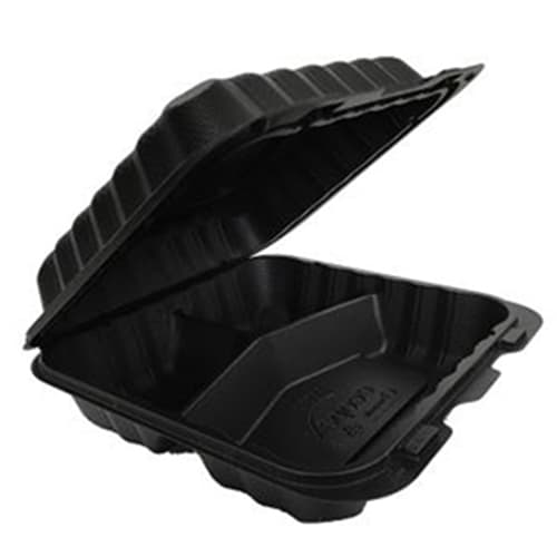 Ecopax Pebble Box MFPP Black 3-Compartment Hinged Container 8″ x 8″ x 3″
