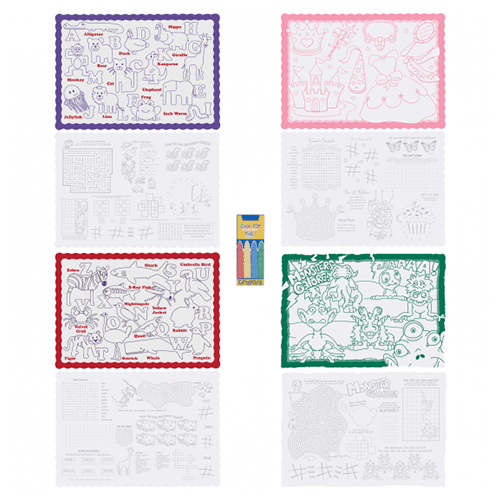 Hoffmaster 326190 10" x 14" Kids Color Me Double Sided Interactive Placemat Combo Pack with Crayons - Image 2