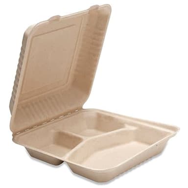 9" x 9" x 3" Fiber Clamshell Container, 3-Comp, PFAs Free (200/case)