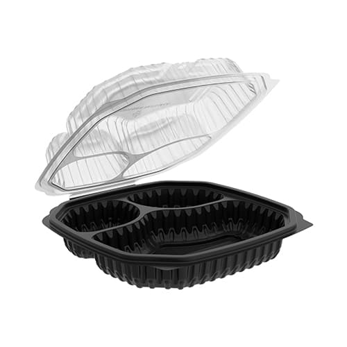 9.5" x 9" x 3" Clamshell, 3-Compartment, Black and Clear
