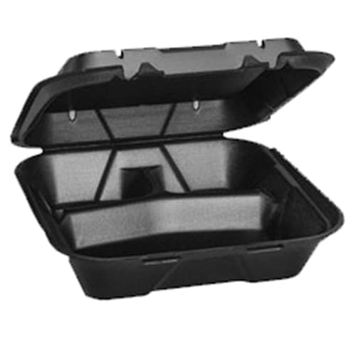 Genpak SN203 Vented 9" x 9" x 3" Black Foam 3-Compartment Square Take Out Container with Hinged Lid