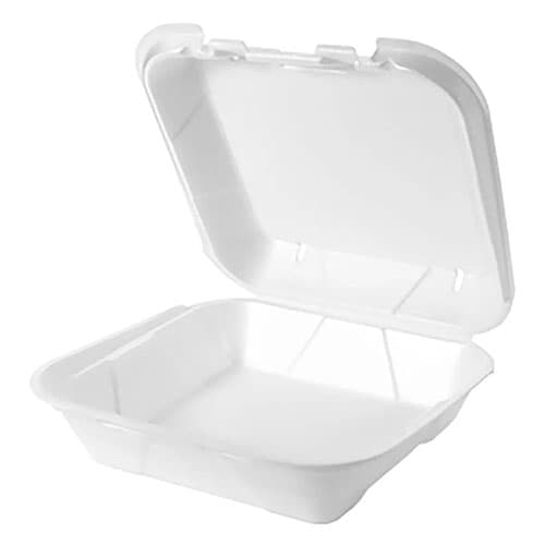 Genpak SN200V Vented 9" x 9" x 3" White Foam 1-Compartment Square Take Out Container with Hinged Lid