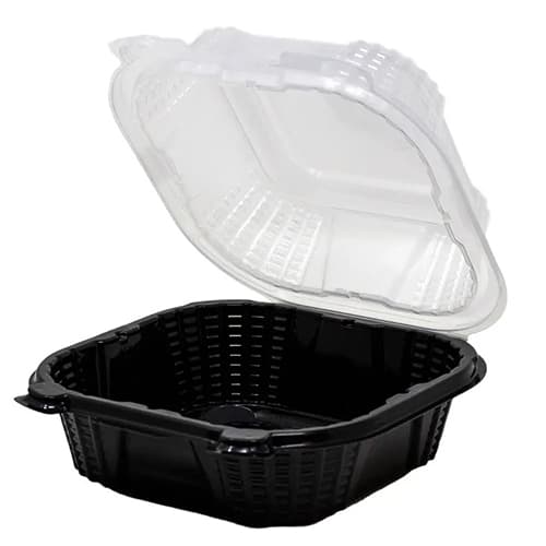 Genpak ProView™ Black Base with Clear Lid 6" x 6" x 3" Hinged Square Container